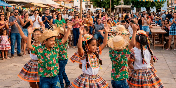 Crianças dançando em festa junina enquanto pessoas assistem ao arraial.