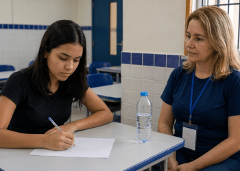 Participante realiza prova com apoio de fiscal, situação ligada ao atendimento especializado do Enem 2026