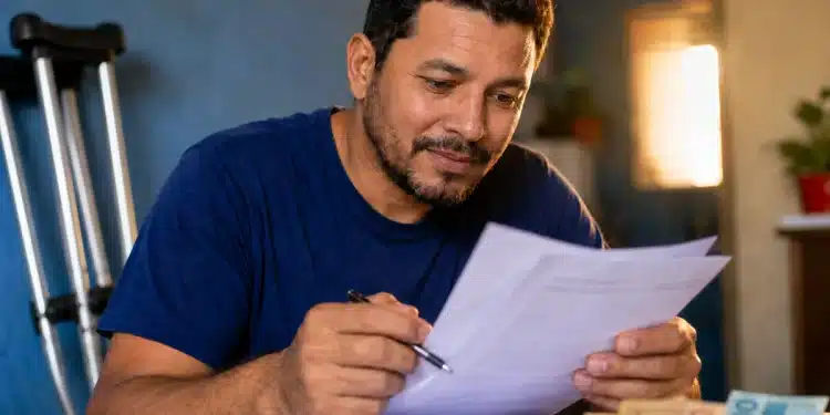 Homem analisando documentos em casa, com muletas ao fundo, representando o processo de solicitação do auxílio-acidente do INSS.