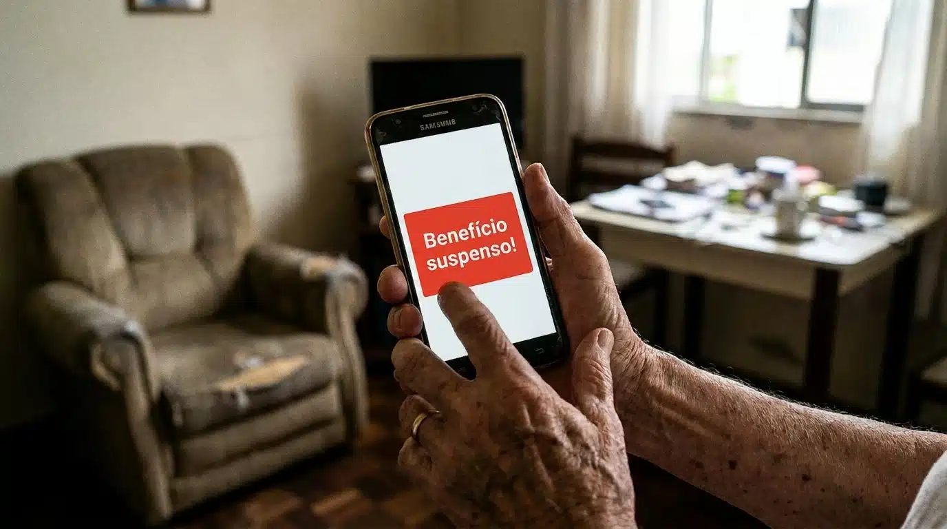 Mão segurando celular com aviso em vermelho informando que o benefício foi suspenso devido à ausência da prova de vida.