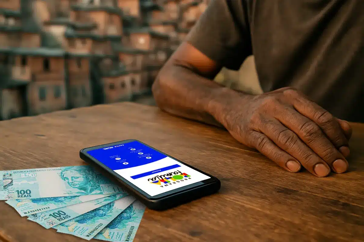 Homem consulta o aplicativo do Programa Bolsa Família no celular para verificar o pagamento de junho, com notas de R$ 100 sobre a mesa de madeira e uma comunidade ao fundo