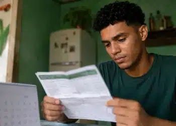 Jovem estudante conferindo folha com calendário do Pé-de-Meia 2027