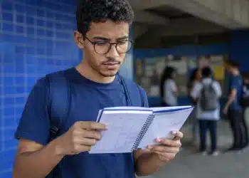 Estudante universitário de licenciatura consultando calendário, representando o acompanhamento dos prazos do Pé-de-Meia Licenciaturas 2026.