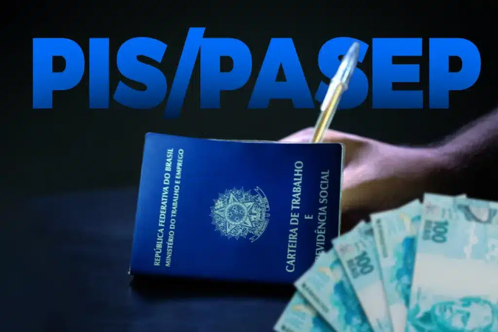 Carteira de trabalho azul ao lado de notas de cem reais ilustrando o calendário do abono salarial PIS/Pasep 2026