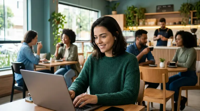 Mulher sorrindo trabalhando em laptop em café, simbolizando home office e trabalho remoto flexível.