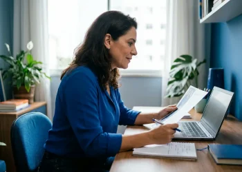 Mulher analisando documentos e computador, simbolizando planejamento de transição de carreira em 2026.