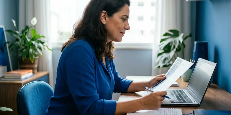 Mulher analisando documentos e computador, simbolizando planejamento de transição de carreira em 2026.