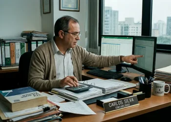 Contador em escritório analisando planilhas e documentos em meio às mudanças trazidas pela inteligência artificial.