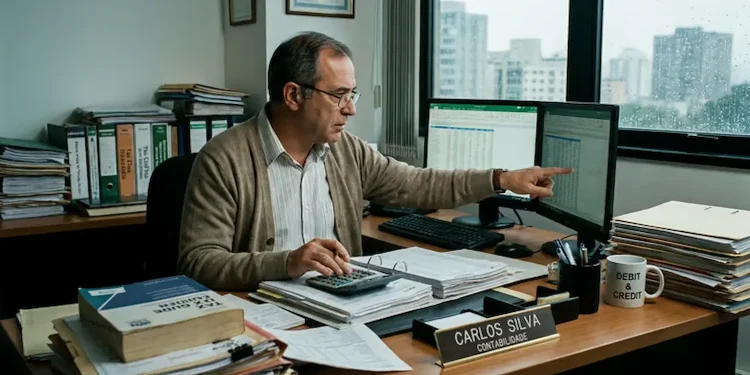Contador em escritório analisando planilhas e documentos em meio às mudanças trazidas pela inteligência artificial.