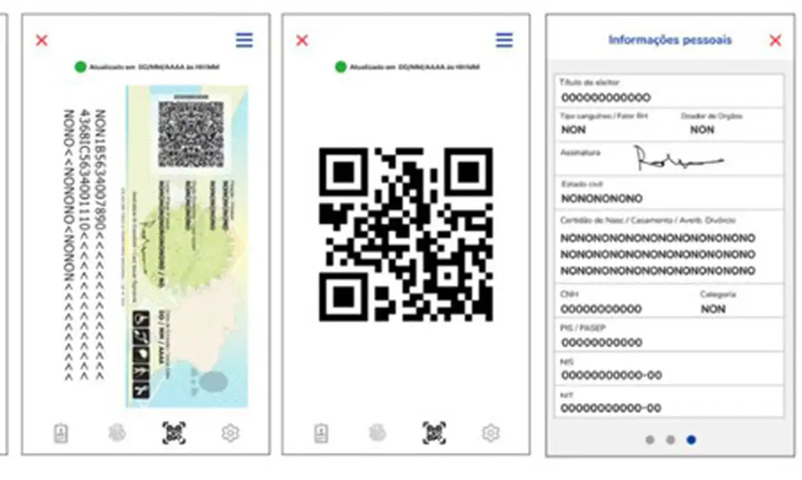 Tela exibindo a Carteira de Identidade Nacional (CIN) digital com QR Code e informações do documento no celular.