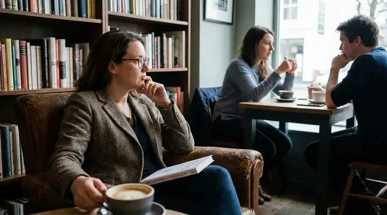Mulher em silêncio observando o ambiente enquanto outras pessoas conversam ao fundo.