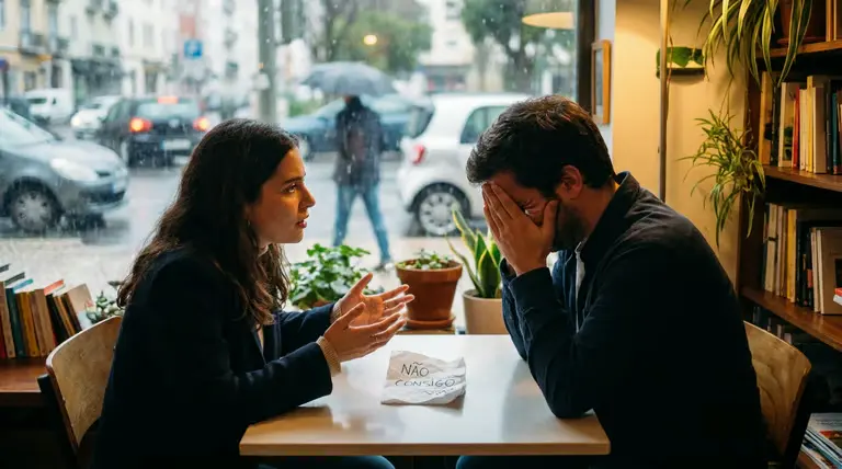 Casal em conversa emocional dentro de um café durante uma chuva, com gestos que sugerem tensão e vulnerabilidade ao falar sobre sentimentos.