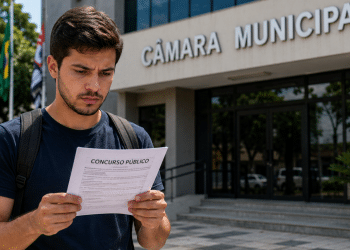 Jovem lê documento de concurso público em frente à Câmara Municipal, representando inscrições abertas para cargo com salário de R$ 15,6 mil.