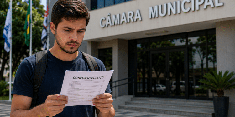 Jovem lê documento de concurso público em frente à Câmara Municipal, representando inscrições abertas para cargo com salário de R$ 15,6 mil.