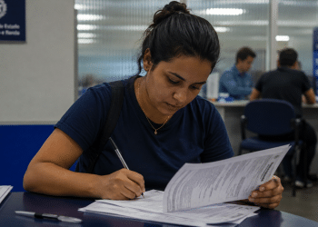 Mulher jovem preenche formulários sentada em mesa na Secretaria de Estado de Trabalho e Renda.