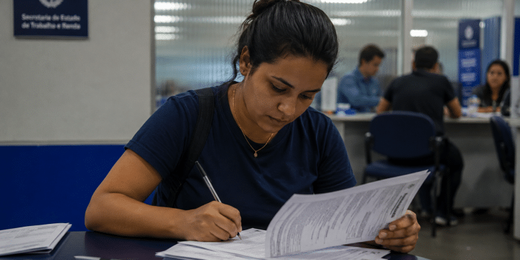 Mulher jovem preenche formulários sentada em mesa na Secretaria de Estado de Trabalho e Renda.