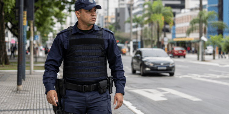 Guarda municipal de uniforme azul patrulha calçada de avenida movimentada, prédios ao fundo.