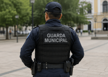 Guarda Municipal de costas em área urbana com uniforme identificado.