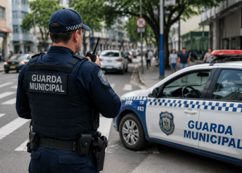 Guarda Municipal de costas usando boné azul e colete com inscrição, segurando rádio comunicador ao lado de viatura.