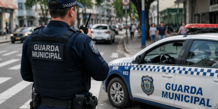 Guarda Municipal de costas usando boné azul e colete com inscrição, segurando rádio comunicador ao lado de viatura.