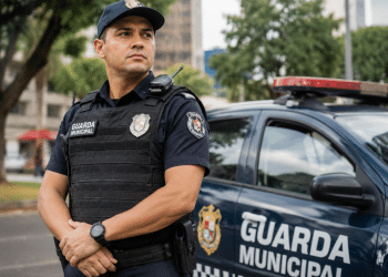 Guarda Municipal de uniforme azul-marinho com colete e rádio comunicador ao lado de viatura oficial.