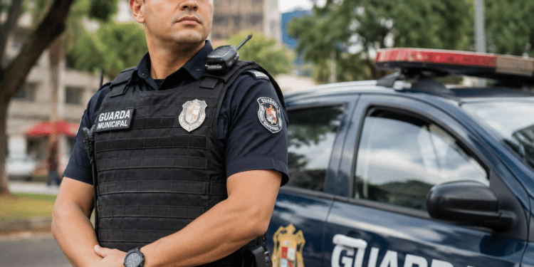 Guarda Municipal de uniforme azul-marinho com colete e rádio comunicador ao lado de viatura oficial.
