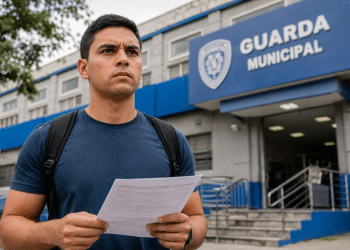 Homem jovem com camiseta azul segura documento em frente ao prédio da Guarda Municipal.