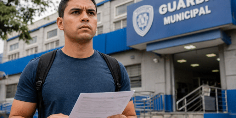 Homem jovem com camiseta azul segura documento em frente ao prédio da Guarda Municipal.