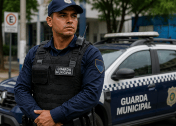 Guarda Municipal com uniforme azul marinho, colete tático e rádio comunicador posicionado ao lado de viatura.