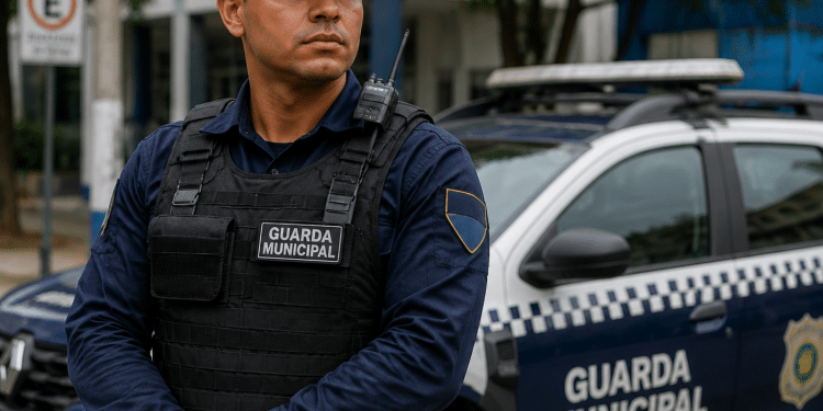 Guarda Municipal com uniforme azul marinho, colete tático e rádio comunicador posicionado ao lado de viatura.