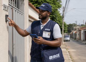 Profissional do IBGE visita residência durante trabalho de campo.
