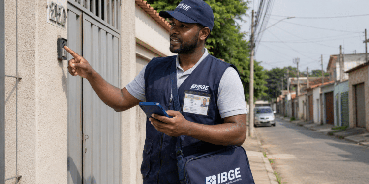 Profissional do IBGE visita residência durante trabalho de campo.