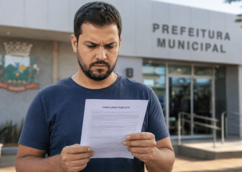 Homem lendo edital de concurso público em frente à Prefeitura Municipal.