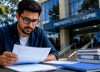 Homem de óculos e camisa azul analisa documento do concurso da Prefeitura de Jardinópolis/SP sentado à mesa com livros diante de prédio da Prefeitura Municipal.
