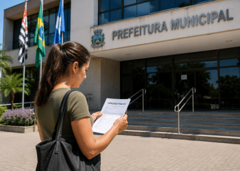 Candidata lê documento de concurso público em frente à Prefeitura Municipal.