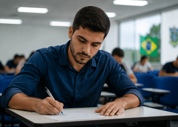 Jovem de camisa azul marinho escreve em prova com caneta, bandeira do Brasil e outros candidatos ao fundo em sala.