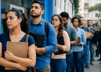 Grupo de candidatos em fila segurando pastas e pranchetas, aguardando processo seletivo de emprego.