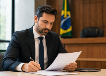 Homem de terno azul marinho e gravata assina documento em mesa de escritório, com bandeira do Brasil ao fundo.