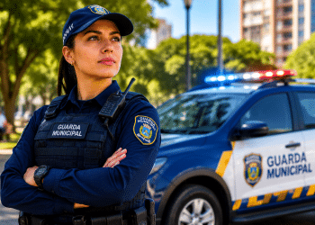 Guarda Municipal de braços cruzados, uniforme azul marinho com colete e boné, ao lado de viatura branca e azul com giroflex.