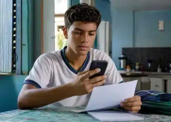 Estudante brasileiro segurando um documento e um celular em casa, representando o processo de confirmação da inscrição no Enem 2026 para candidatos isentos.