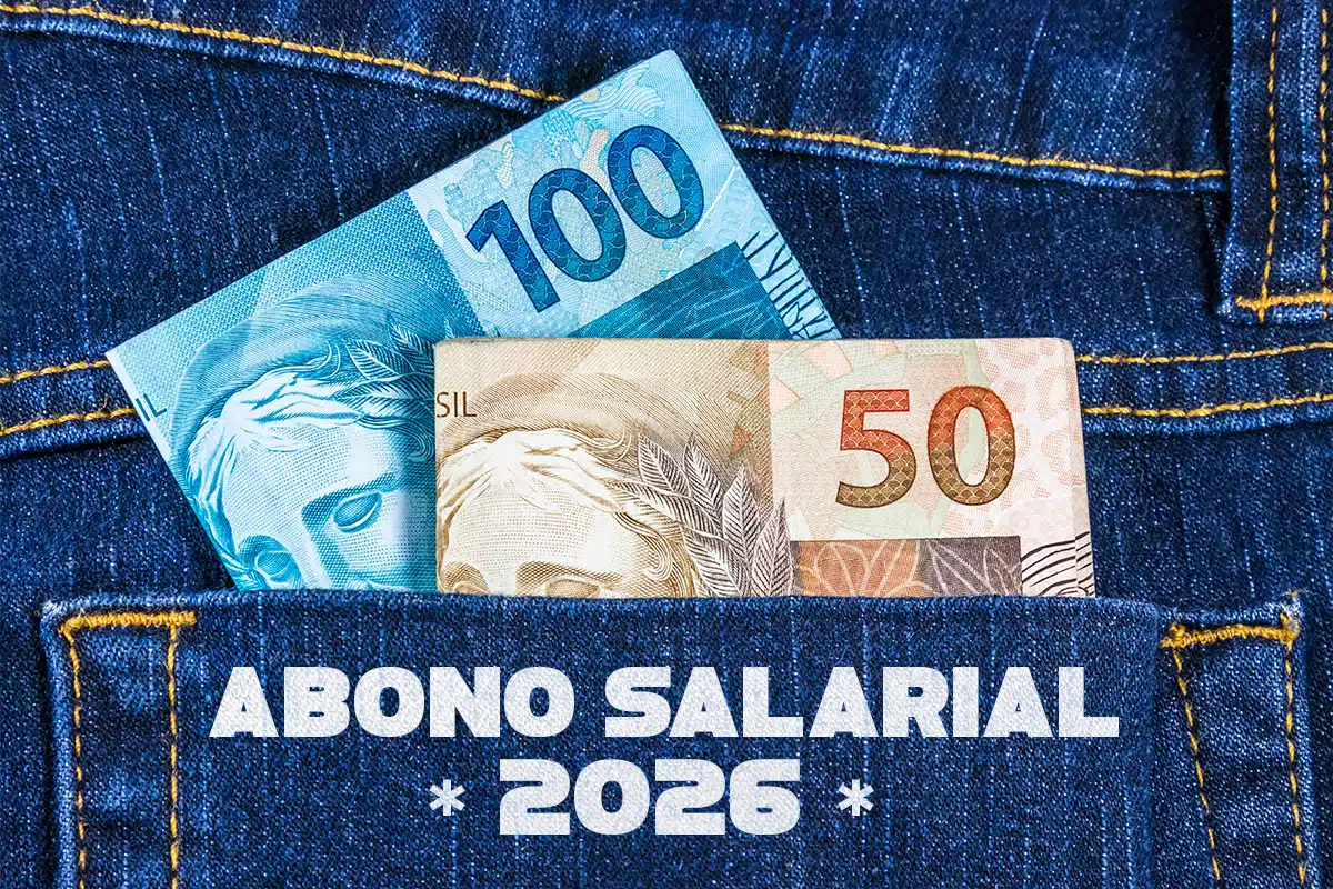 Notas de R$ 100 e R$ 50 saindo do bolso de uma calça jeans representando o pagamento do abono salarial