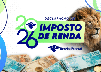 Arte da declaração do Imposto de Renda 2026 com a figura do leão e cédulas de real