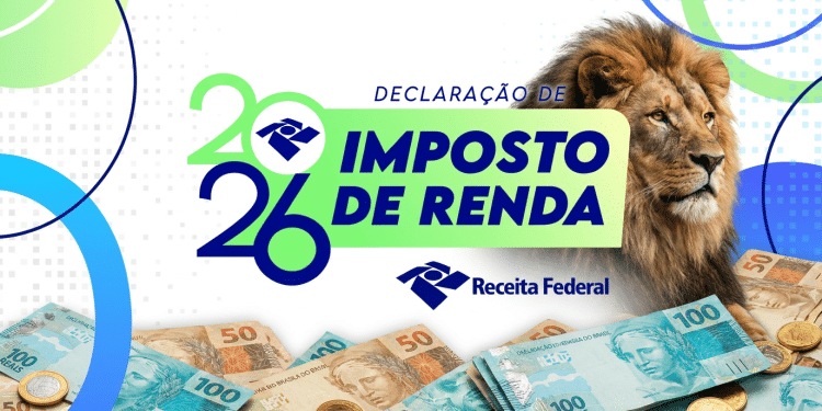 Arte da declaração do Imposto de Renda 2026 com a figura do leão e cédulas de real