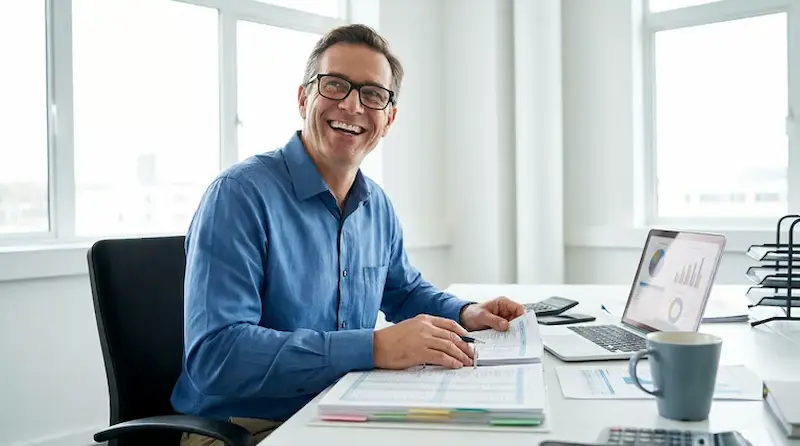 Profissional de contabilidade sorrindo em escritório moderno com documentos e notebook ao lado.