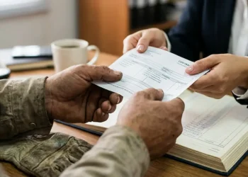 Trabalhador recebe contracheque impresso durante atendimento em escritório.