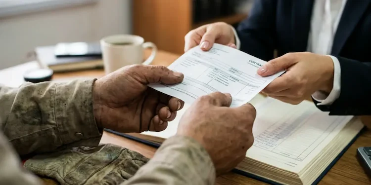 Trabalhador recebe contracheque impresso durante atendimento em escritório.