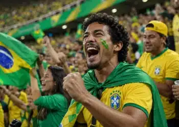 Torcedores brasileiros comemoram em arquibancada com camisas da seleção e bandeira do Brasil, representando o próximo jogo na Copa do Mundo.
