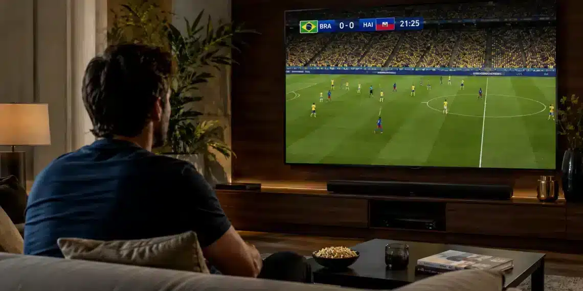Pessoa sentada no sofá assiste a jogo de futebol na TV em sala de estar.