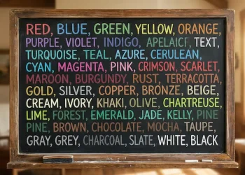 Quadro escolar com nomes de cores em inglês escritos em letras coloridas, representando o estudo de vocabulário.