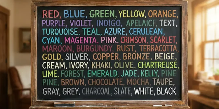 Quadro escolar com nomes de cores em inglês escritos em letras coloridas, representando o estudo de vocabulário.